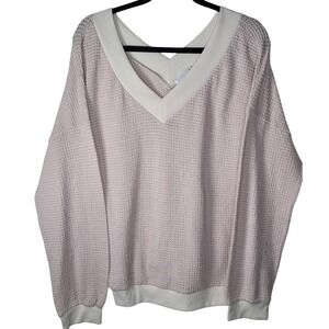 Adreamly Beige Waffle Knit Off Shoulder V-Neck Oversized Knit Top Sz 2XL Comfy